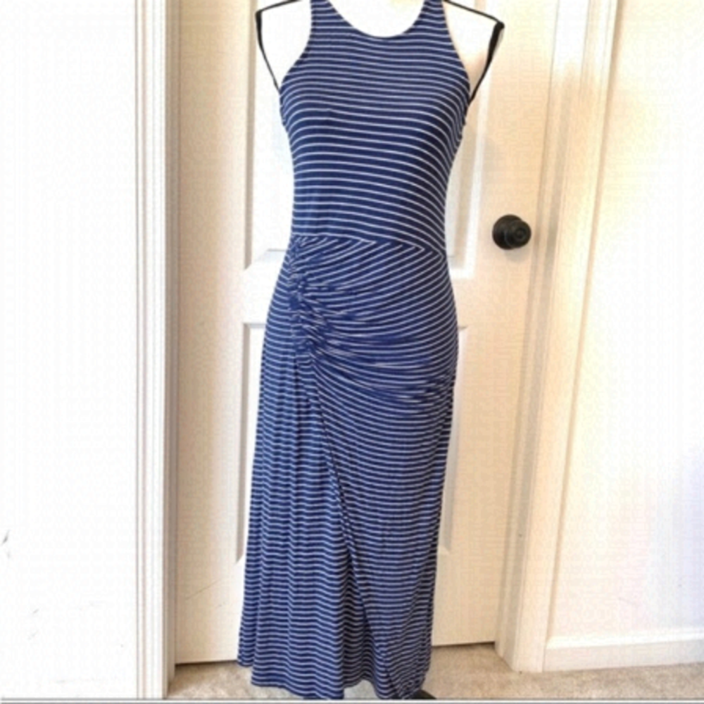 Gap Maxi Dress Body Ruching Navy Stripe Medium Petite